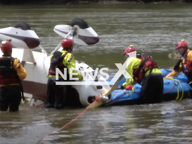 Photo shows a single-engine, private plane that crashed into the Catawba River after its engine failed in the east of Rock Hill, South Carolina, USA, Friday, May 5, 2023. The Lancaster County Sheriff’s Office said a pilot and passenger had waded to the shore of the river before fist responders arrived and declined medical attention. Note: Picture is a screenshot from a video (Newsflash)