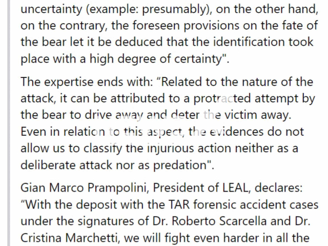 Picture shows the statment of he animal rights and antivivisection association LEAL, undated. They claim the bear JJ4 is innocent, she did not kill Andrea Papi, as the teeth 
 marks were allegedly of a male bear.  Note: Photo is a screenshot from a post. (Newsflash)