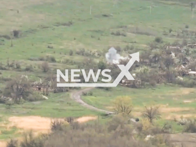 Ukrainian artillery destroys Russian mortar position on the frontline in Donetsk Oblast in Ukraine in undated footage. The footage was released by 36th separate marine brigade on Wednesday, May, 10, 2023. Note: Picture is a screenshot from a video (@36obmp/Newsflash)