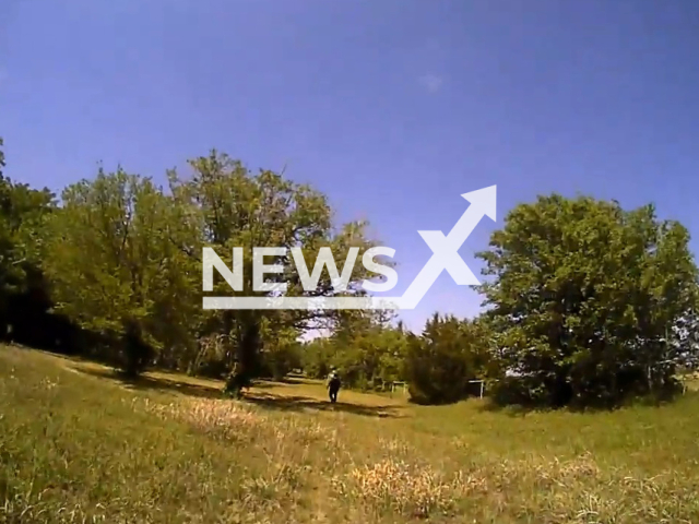 Image shows cops walking down a field in the city of Enid, Oklahoma State, USA, undated photo. They thought someone was yelling 'Help' only to find out it was a goat on May 9, 2023. Note: Photo is a screenshot from a video. (Enid Police Department/Newsflash)