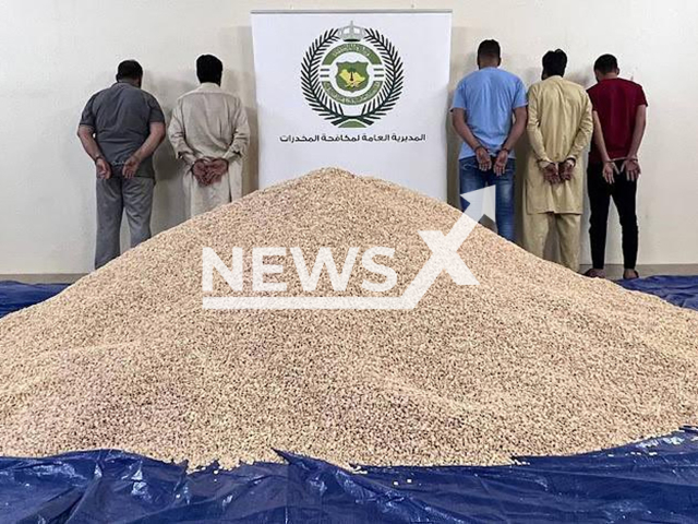 Saudi authorities seize over eight million amphetamine tablets hidden in coffee creamer in Riyadh, Saudi Arabia, undated. The five smugglers were arrested and have been referred to the Public Prosecution. Note: The Saudi General Directorate of Narcotics Control photo. (@Mokafha_SA/Newsflash)