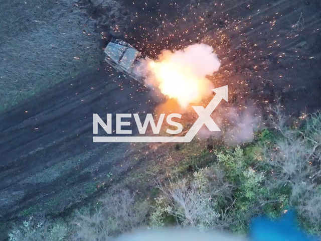 Ukrainian drones drop bombs and destroy the Russian "Grad" multiple launch rocket system on the frontlines in Ukraine in undated footage. The footage was released by 72nd of the separate mechanized brigade on Friday, May, 12, 2023. Note: Picture is a screenshot from a video (	
@72.brigade.best/Newsflash)