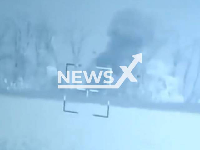 Ukrainian fighters hit a Russian tank with Stugna-P anti-tank missile system in Ukraine undated footage. The footage was released by 66th Separate mechanized brigade on Monday, May, 15, 2023. Note: Picture is screenshot from a video. (@66ombr/Newsflash)