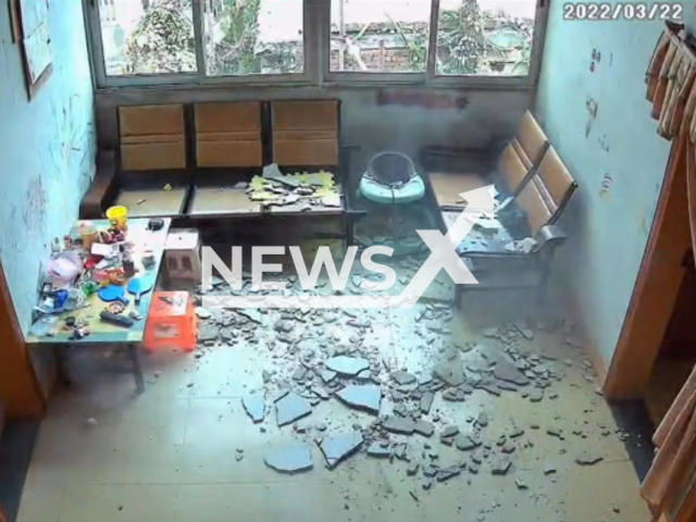 Ceiling collapses after an old man left the room in Fuzhou, China. Note: Picture is a screenshot from a video (jingbaobei0417/AsiaWire)