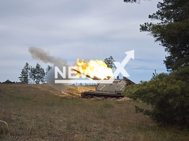 Russian self-propelled artillery mounts 2S19 "Msta-S" fire at Ukrainian military positions in Ukraine in undated footage. The footage was released by Russian MoD on Thursday, May, 18, 2023. Note: Picture is a screenshot from a video (Ministry of Defense of Russia/Newsflash)