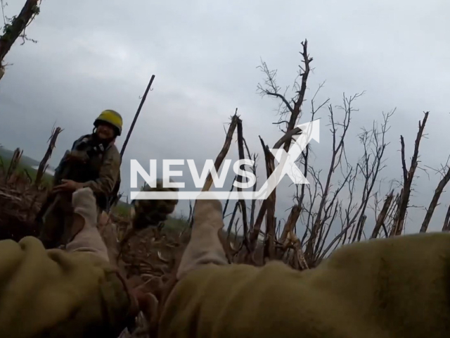 Ukrainian soldier throws grenade to his colleague among trees during counteroffensive in Bakhmut, Donetsk region, Ukraine in undated footage. The footage was released by the 10th Mountain Assault Brigade "Edelweiss" on Friday, May, 19, 2023. Note: Picture is a screenshot from a video (10th Edelweiss Brigade/Newsflash)