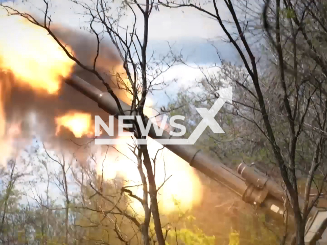 Russian self-propelled howitzers "Msta-S" fire at Ukrainian military positions in Ukraine in undated footage. The footage was released by Russian MoD on Monday, May, 22, 2023.
Note: This picture is a screenshot from the video. (Ministry of Defense of Russia/Newsflash)