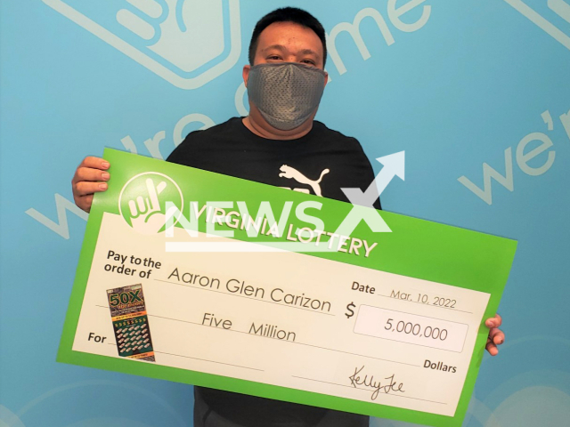 Aaron Glen Garizon won $5 million with lottery scratcher ticket when he stopped on his way home from work at New Market in Midlothian, in March 2022.
Note: Press release photo(Virginia Lottery/Newsflash).