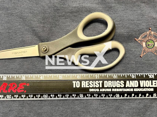 Picture shows the scissors, undated. They were found inside the anal cavity of an arrestee during intake at a jail in La Porte County, Indiana, USA,   on Wednesday, May 17, 2023. Note: Police photo. (La Porte County Sheriff's Office/Newsflash)