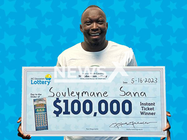 Souleymane Sana, 39, from the city of New Bern, North Carolina State, USA, poses in undated photo. He won USD 100,000 (GBP 80,514) on the lottery in May 2023. Note: Licensed content. (North Carolina Education Lottery/Newsflash)