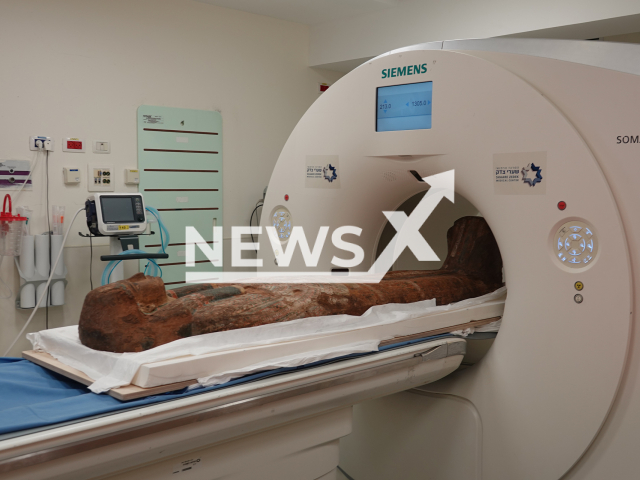 Photo shows an ancient Egyptian sarcophagus undergoing a CT scan at Shaare Zedek Medical Center in Jerusalem, on May 21, 2023. Israel Museum expert says CT scans offer the best way to examine how coffins, including one almost 3,000 years old, were made and decorated. Note: Photo is provided to us by Shaare Zedek Medical Center (Courtesy of Shaare Zedek Medical Center/Newsflash)