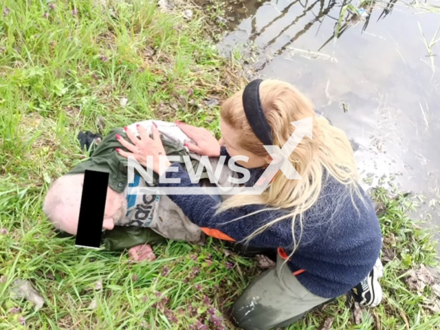 Image shows Princess Maja von Hohenzollern, 51, rescuing a man, undated photo. He was drowning in a river near the city of Budapest, Hungary. Note: Private photo. (@princess_maja_von_hohenzollern/Newsflash)