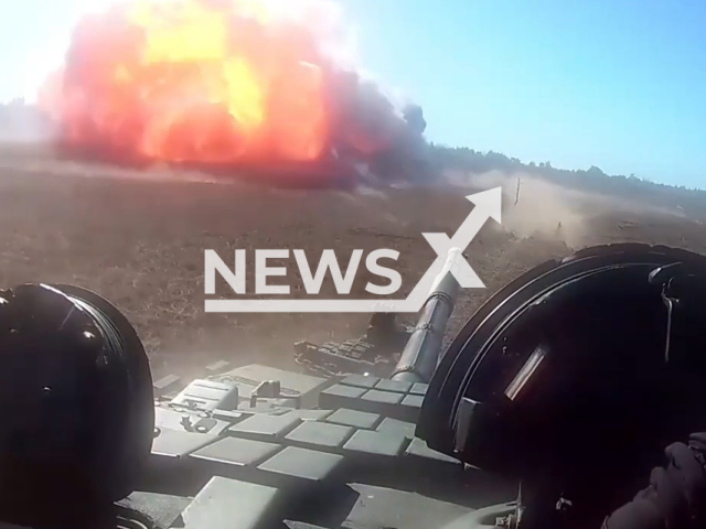 Picture shows an explosion in front of Ukrainian tank in Ukraine, undated. The footage was released by the Command of the Ukrainian Support Forces on Wednesday, May, 24, 2023. Note: Picture is a screenshot from a video (@KSP.ZSU/Newsflash)