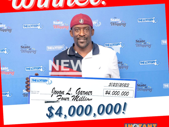 Jovon Garner from of Brunswick, Georgia, USA, poses in undated photo. He won USD 4,000,000 (GBP 3,236,800) on the lottery in May 2023. Note: Licensed content. (Massachusetts Lottery/Newsflash)