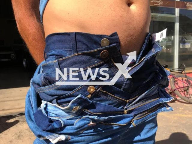 Picture shows a shoplifter wearing five shorts and pants from a store in the Belo Horizonte neighborhood, undated. The man, aged 39, was arrested in Monte Carmelo, Brazil, on Tuesday, May 23, 2023. Note: Photo from police. (Military Police/Newsflash)