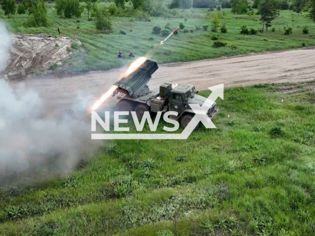 Russian rocket systems (MLRS) "Grad" fire at the Ukrainian military positions in the Krasno-Limansky direction in Luhansk in Ukraine in undated footage. The footage was released by Russian MoD on Tuesday, May, 30, 2023.
Notes: Photo is screen from a video. (Ministry of Defense of Russia/Newsflash)