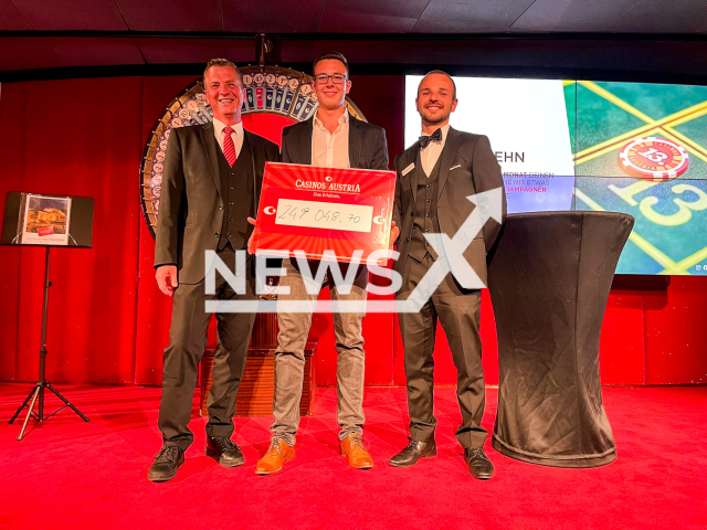 Image shows the lucky winner (middle), undated photo. He won EUR 249,048 (GBP 215,075) for his 21st birthday in a casino in the town of Baden bei Wien, Austria, on Friday, May 26, 2023. Note: Licensed content. (Austrian Casinos/Newsflash)