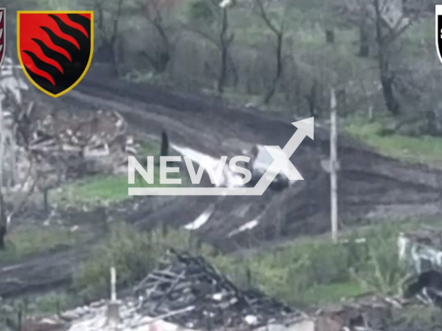 Ukrainian fighters hit and destroy Russian military vehicle stuck in a tank rut in Ukraine in undated footage. The footage was released by Poltava Separate Territorial Defense Brigade on Wednesday, May, 31, 2023.
Notes: Photo is screen from a video. (@brygada.TrO.Poltava/Newsflash)